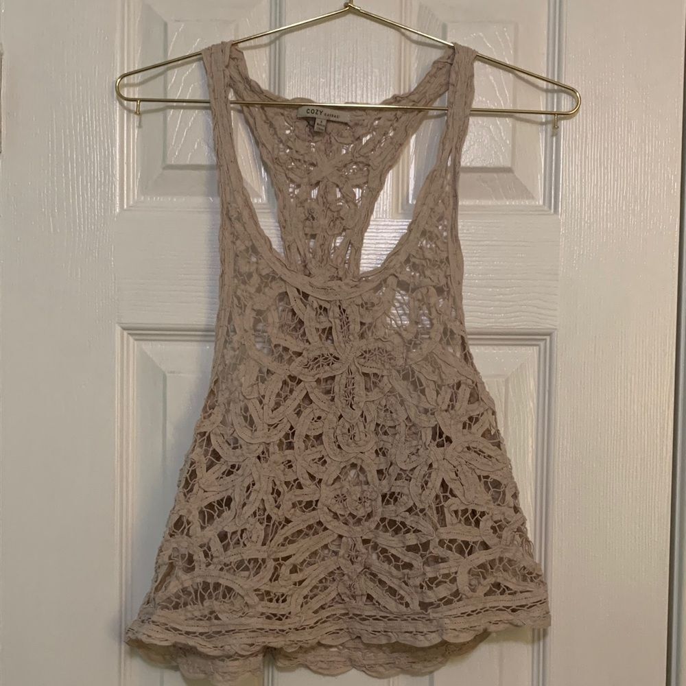 Cozy Casual Crochet Racerback Tank Tan Color Size Small